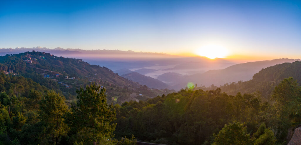 Beautiful sunrise over Nagarkot, offering stunning views of the Himalayan mountain range.