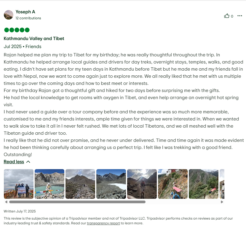 Trip Advisor Review about Kailash Mansoraver Yatra with Namaste Nepal Trekking.