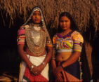 Tharu women in bright traditional dresses and jewelry, showing their cultural heritage.