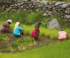 Magar women working diligently on the farm, illustrating traditional agricultural practices and communal efforts.