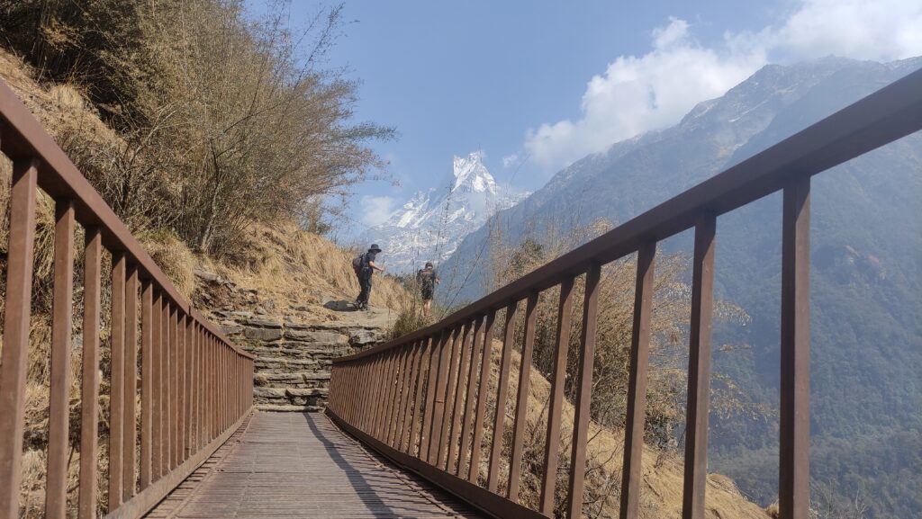 Views of Mt. Machhapuchhre also known as Mt. Fishtail with metal Bridge.