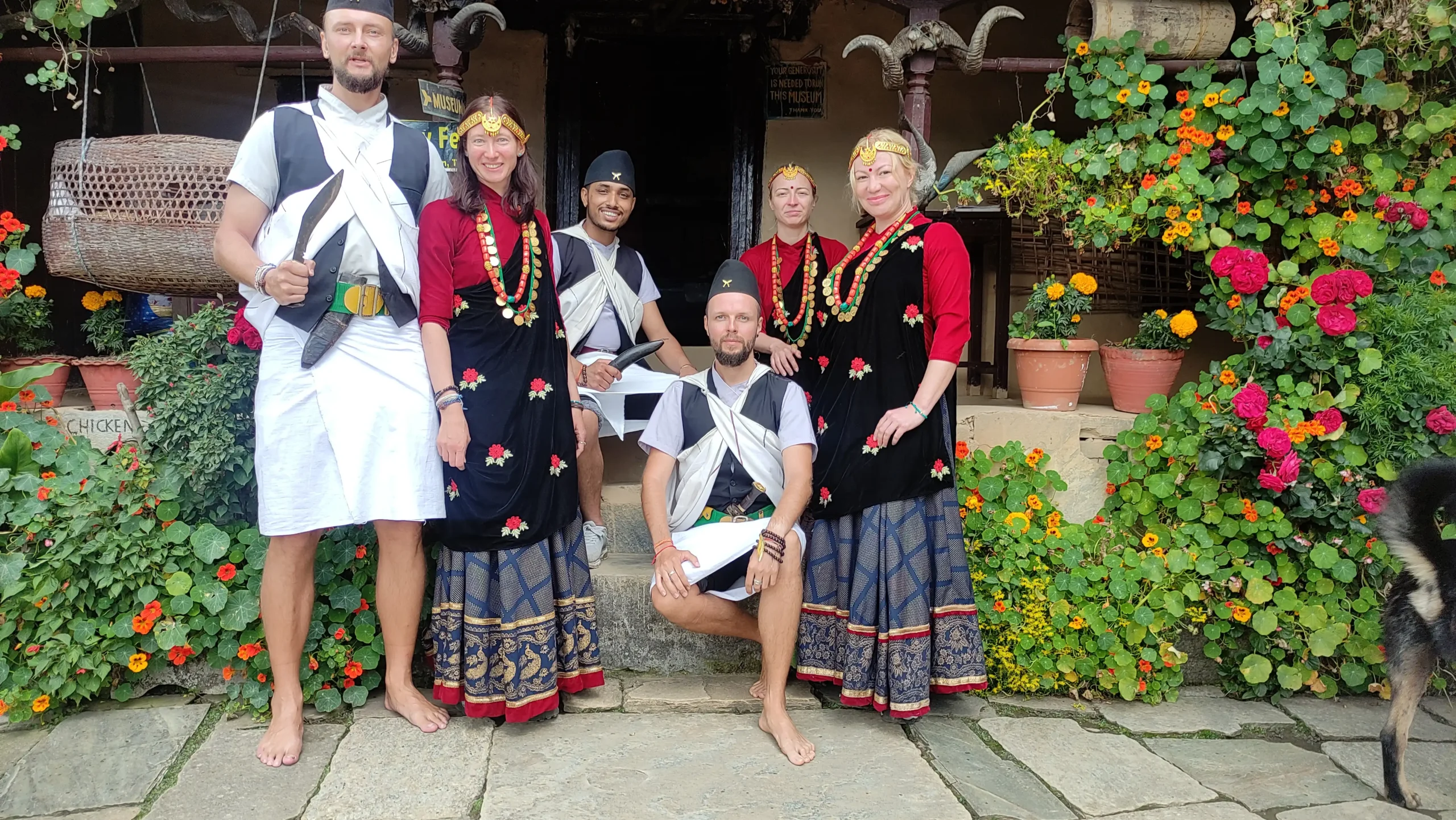 Our clients wearing traditional Gurung dress during the Ghorepani Poon Hill Trek in the Annapurna region of Nepal.
