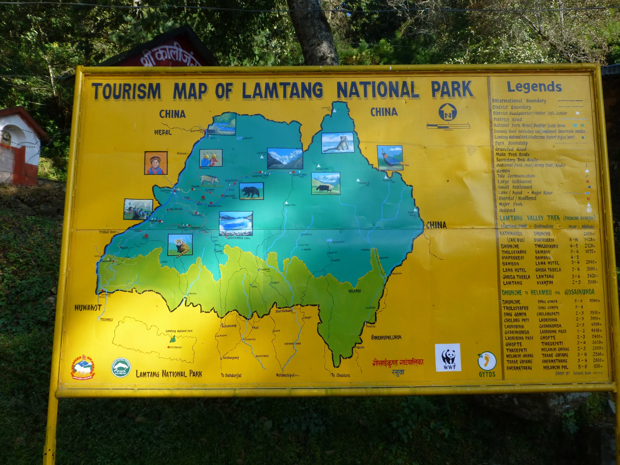 Map of Langtang National Park in Dhunche – showing key trekking routes and natural highlights.