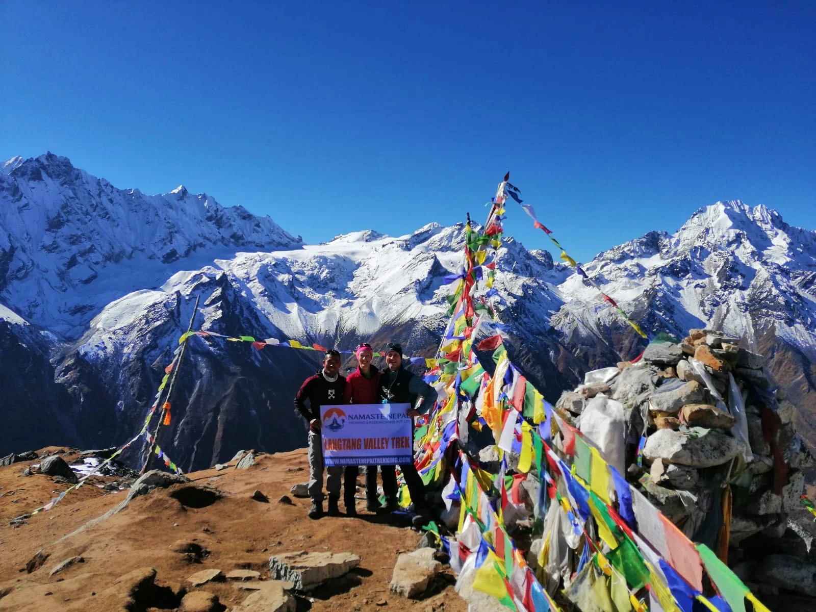 Our team with Spectacular views from the top of Tserko Ri in Langtang Valley.