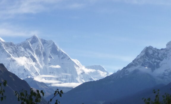 Panoramic view of Mount Everest and surrounding peaks.