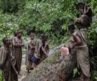 Raute family in the jungle, preparing to carve wooden pots.