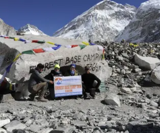 Arrived Everest Base Camp: Trekking destination in the Himalayas.