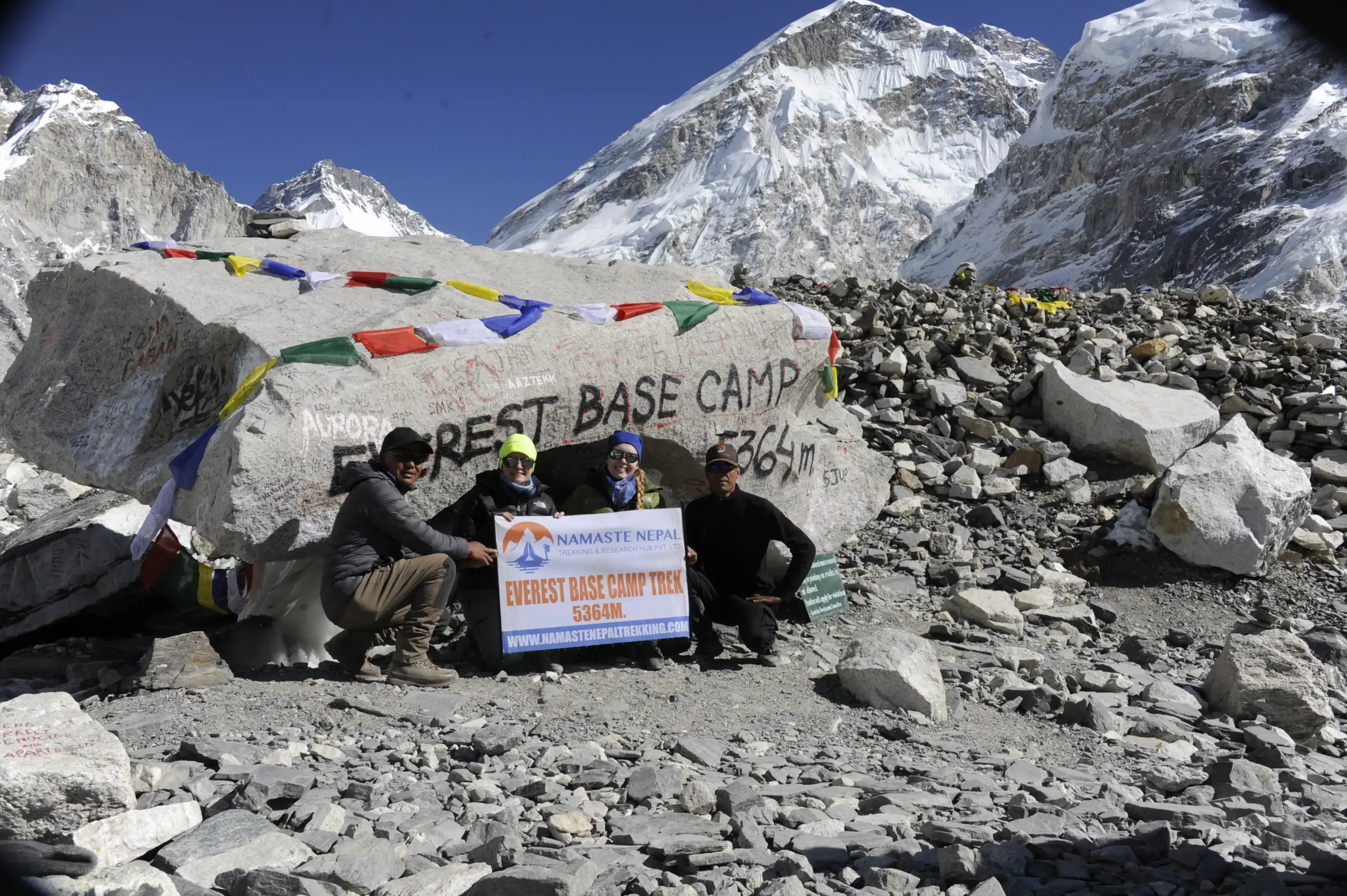 Arrived Everest Base Camp: Trekking destination in the Himalayas.