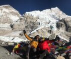 Everest Base Camp nestled among snow-capped mountains and glaciers in the Himalayas, Nepal.