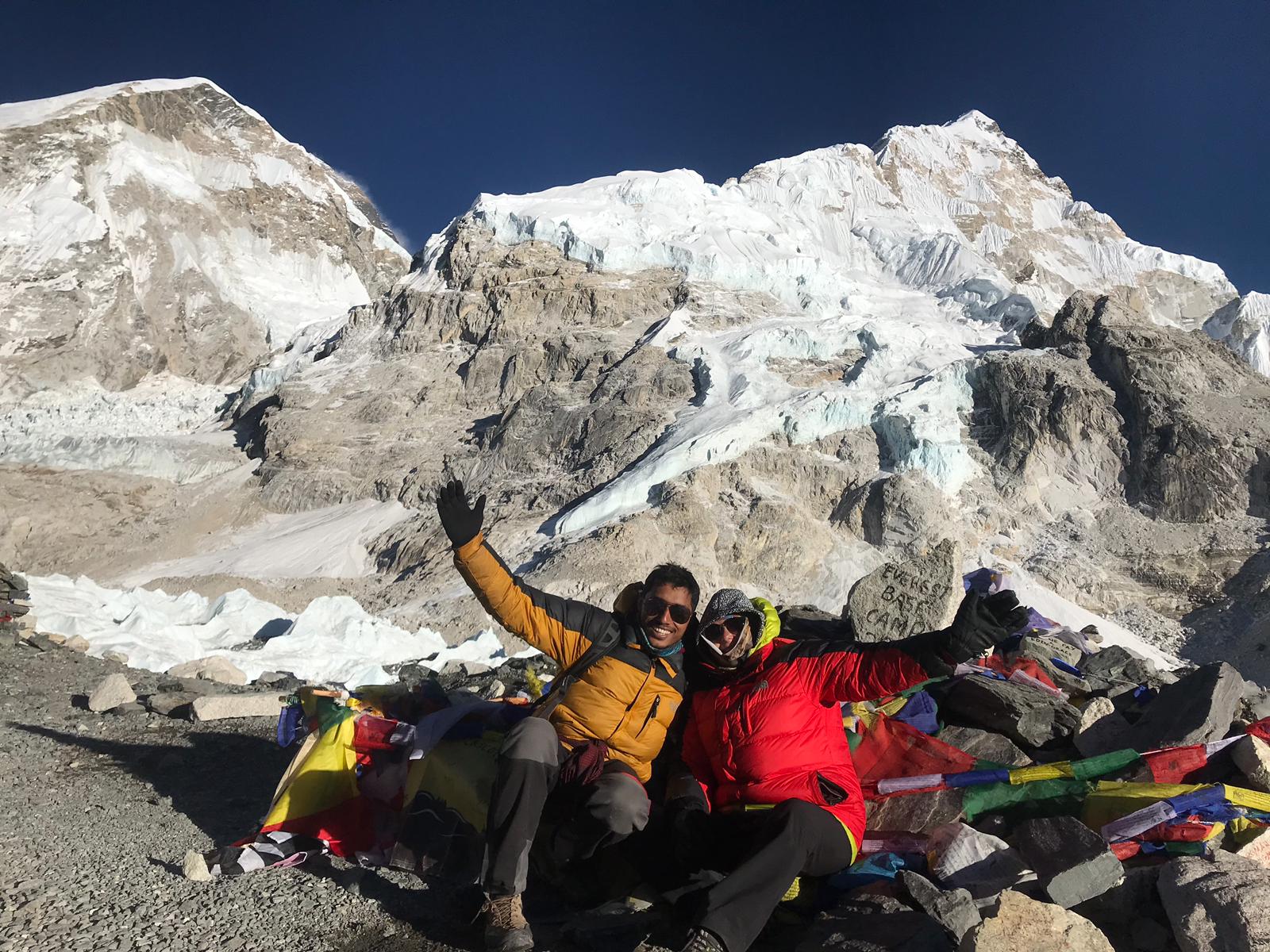 Everest Base Camp nestled among snow-capped mountains and glaciers in the Himalayas, Nepal.