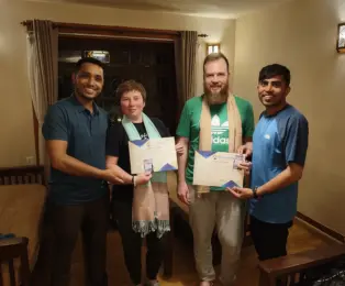 Farewell moment with trekking team after Everest Base Camp journey.