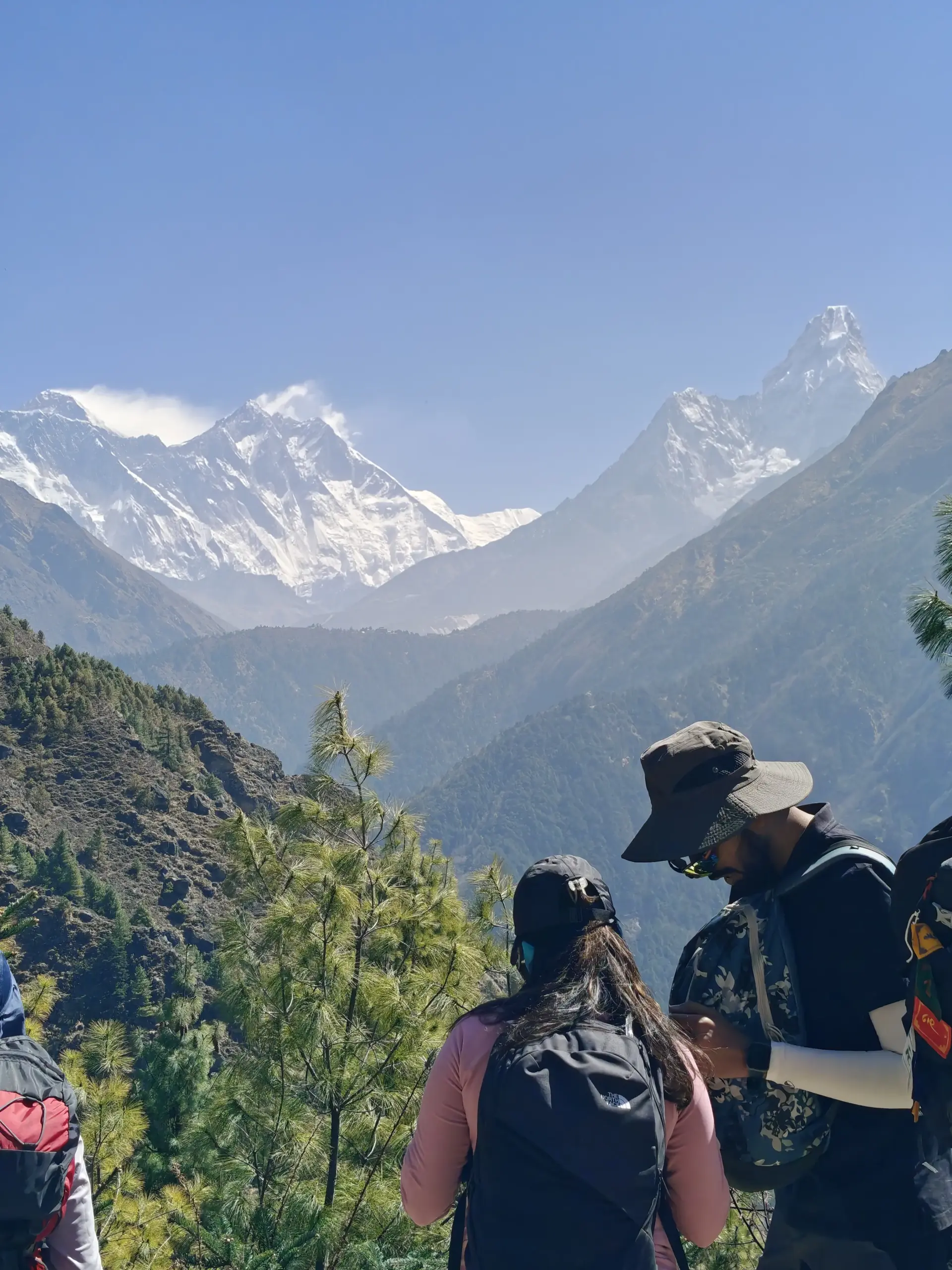 Looking back at the Everest panorama during the Everest Base Camp Trek.