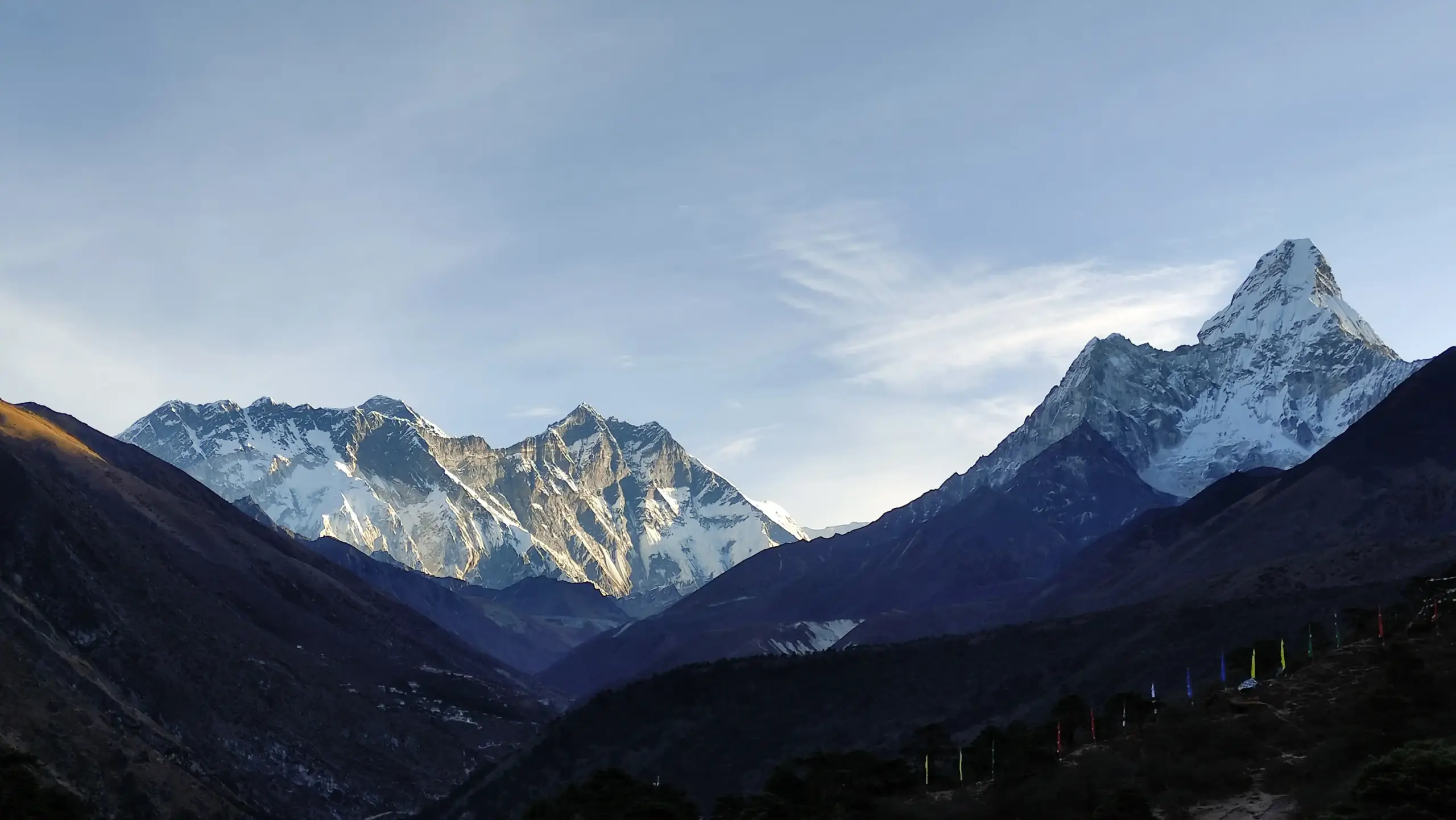 Close morning views of Mount Everest and Ama Dablam from Tengboche.