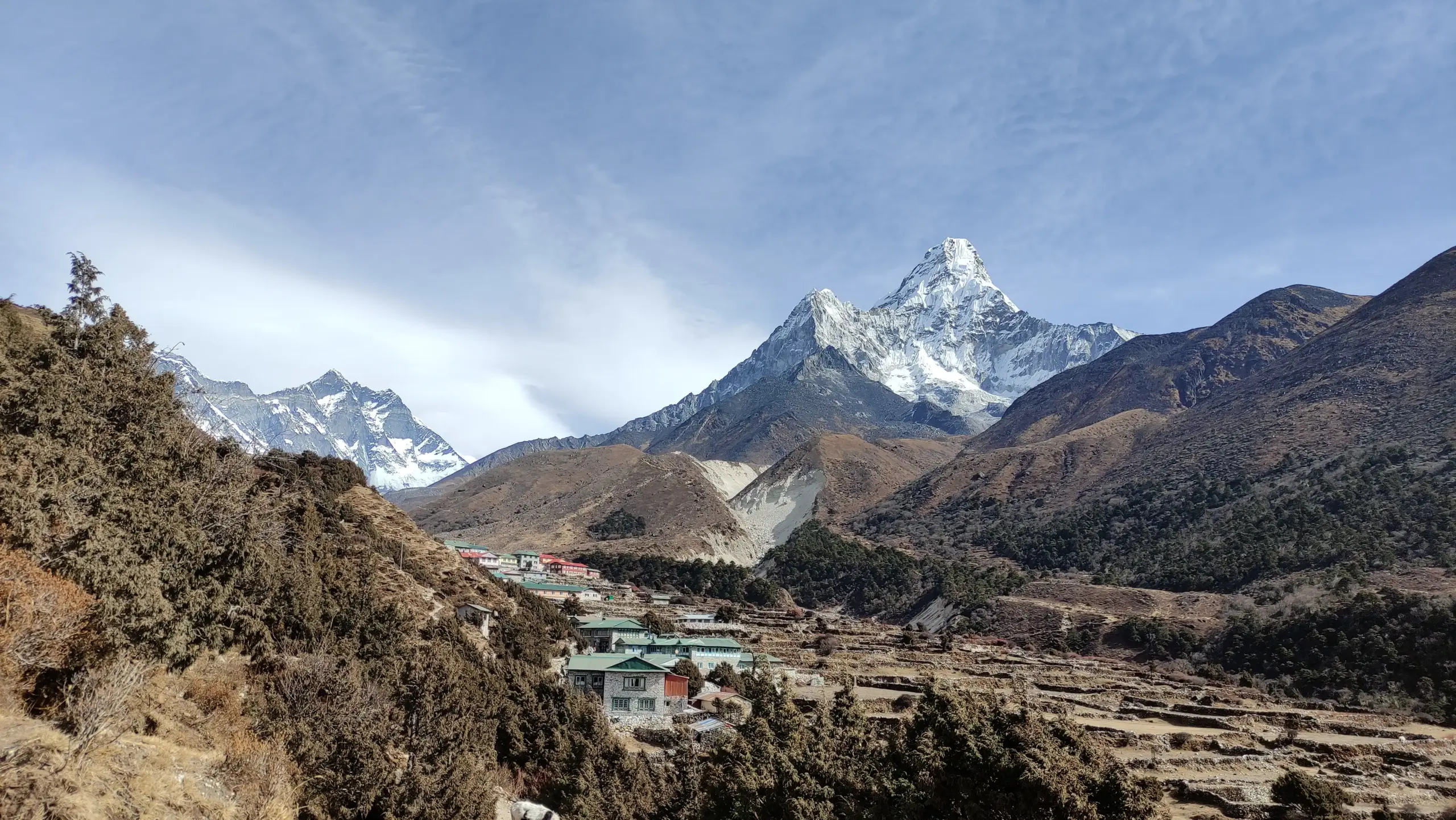 Close views of Mount Everest and Ama Dablam with Pangboche Village.