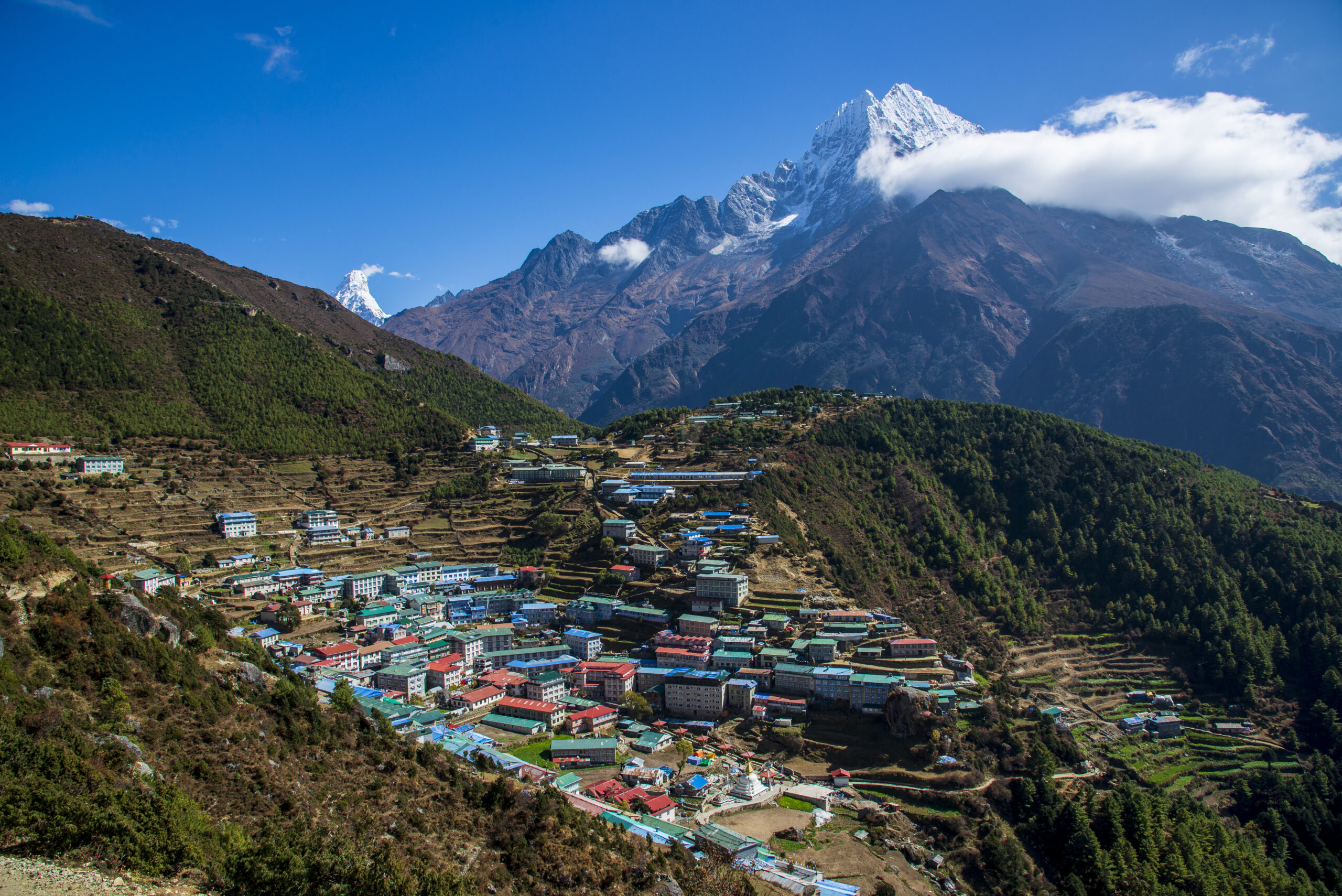 Panoramic view of Namche Bazaar from the Everest helipad viewpoint in Solukhumbu.