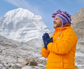 Stunning close-up view of Mount Kailash and pilgrimage during the spiritual journey.