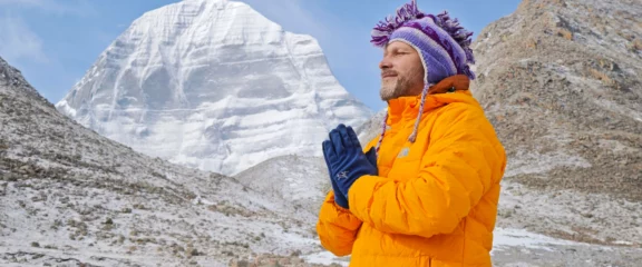 Stunning close-up view of Mount Kailash and pilgrimage during the spiritual journey.