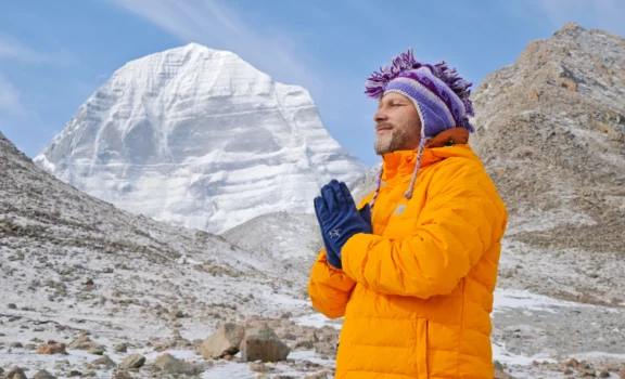 Stunning close-up view of Mount Kailash and pilgrimage during the spiritual journey.