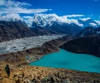 Breathtaking view of Gokyo Lake and Gokyo Valley from Gokyo Ri, showcasing the stunning turquoise waters and surrounding Himalayan peaks.