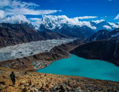Breathtaking view of Gokyo Lake and Gokyo Valley from Gokyo Ri, showcasing the stunning turquoise waters and surrounding Himalayan peaks.
