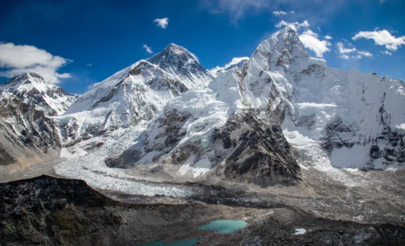 Panoramic view of Mt. Everest, Lhotse, Nuptse, Khumbu Icefall, and the glacier from the top of Kala Patthar, offering a stunning glimpse of the Himalayas.