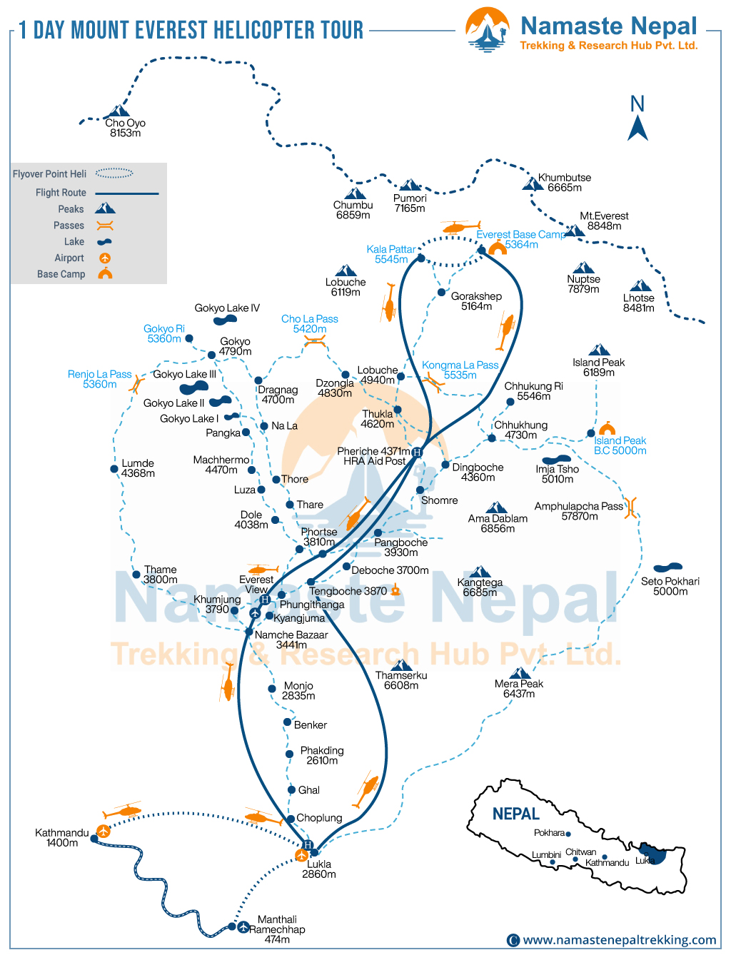 A route map showing the helicopter journey from Kathmandu to Everest Base Camp, including key stops like Lukla, Everest View Hotel, and Kala Patthar.