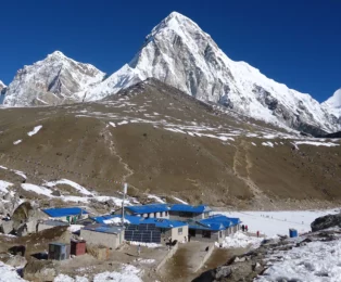 Striking views of Pumori and Kala Pattar from Gorak Shep, near Everest Base Camp.
