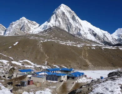 Striking views of Pumori and Kala Pattar from Gorak Shep, near Everest Base Camp.