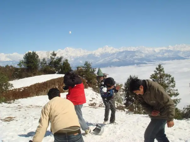 Visitors enjoying with fresh Snow in Nagarkot Hill.