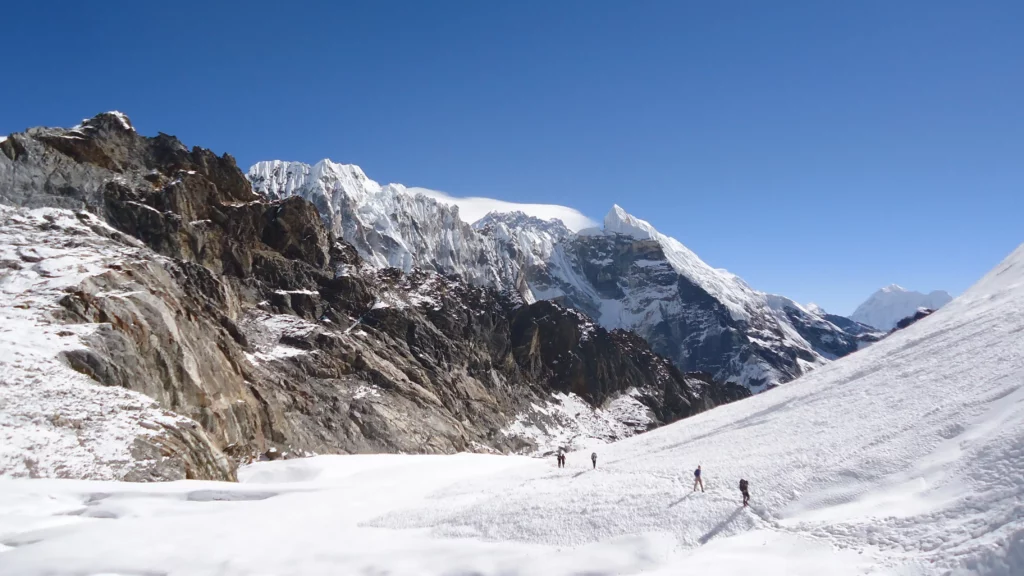 Stunning glacial views and rugged terrain seen from Cho La Pass during the Three High Pass Trek.