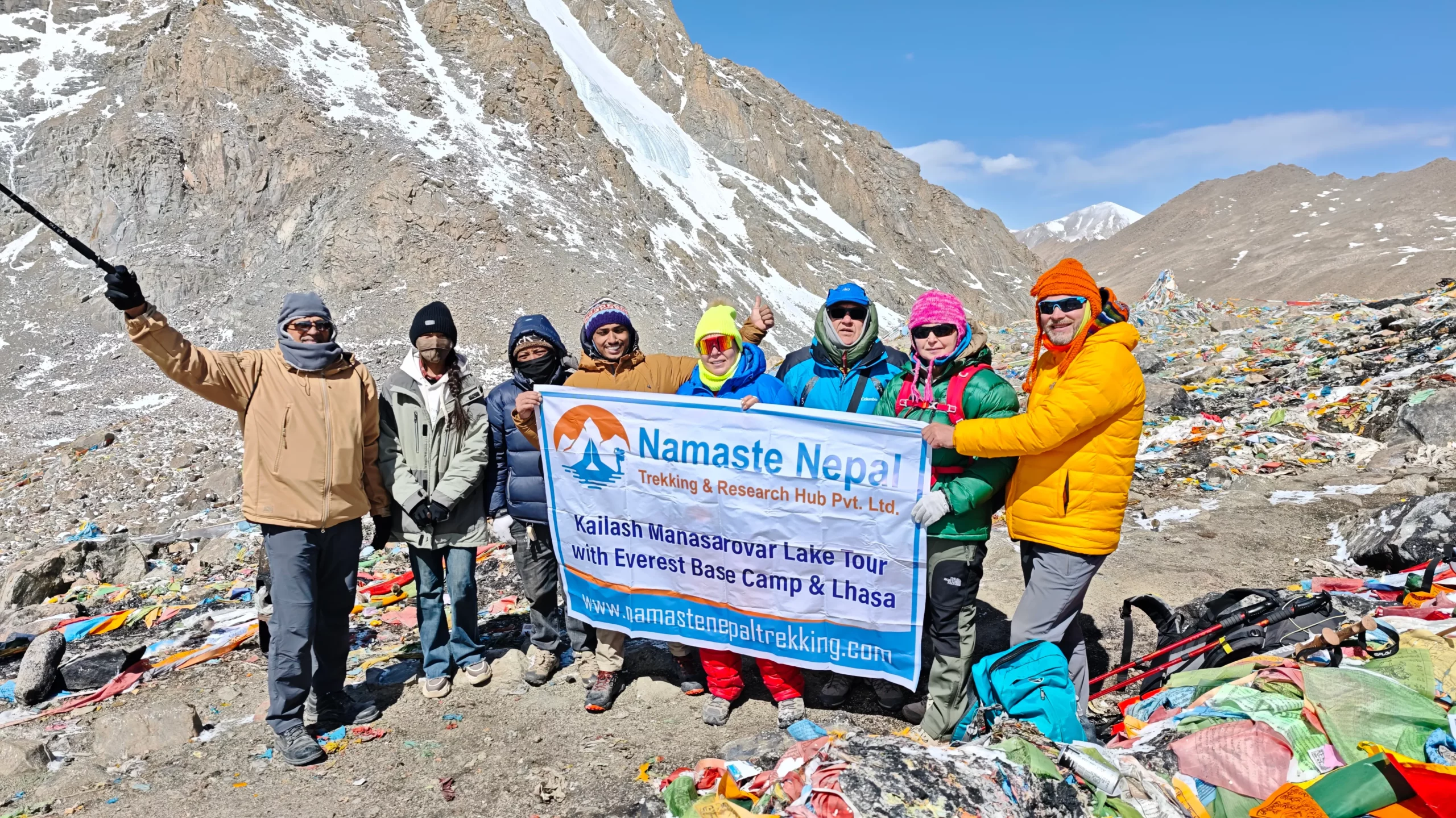 Group photo at Dolmala Pass – highlight of Kailash Manasarovar Yatra with Everest Base Camp.