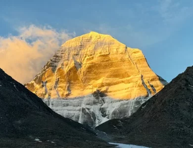 Magnificent sunset illuminating Mount Kailash, highlighting its spiritual aura and serene beauty.