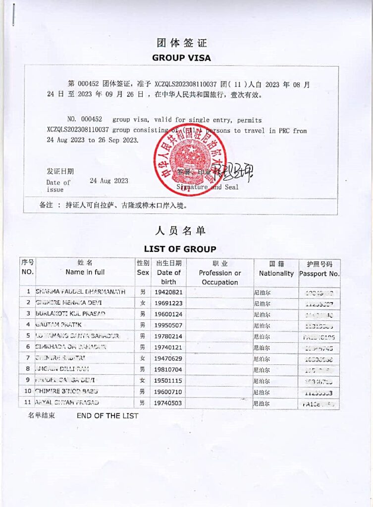 Sample image of a Tibet Group Visa, with name and passport details securely hidden for privacy protection.