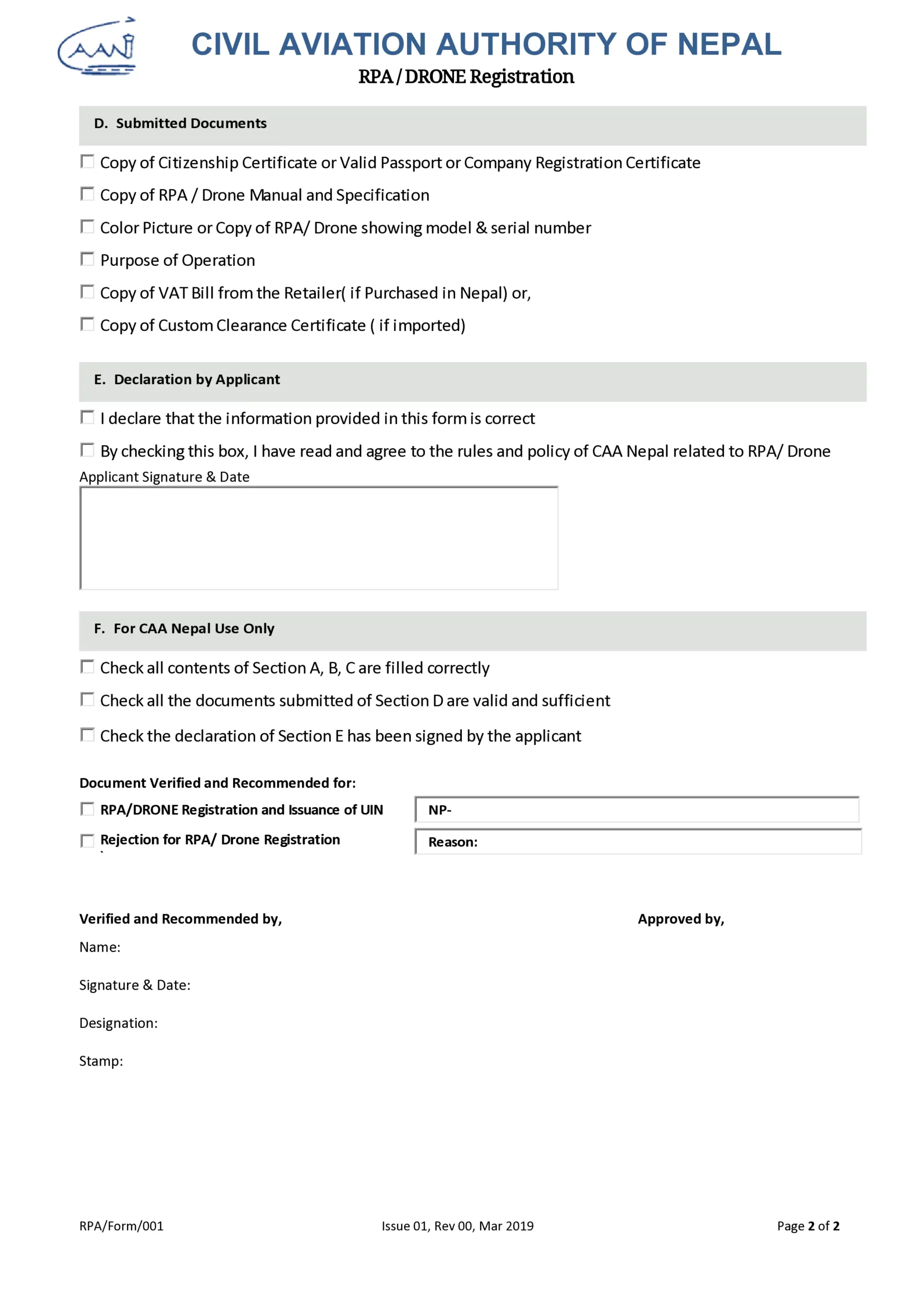 Application for RPA/DRONE Registration & Unique Identification Number (UIN)