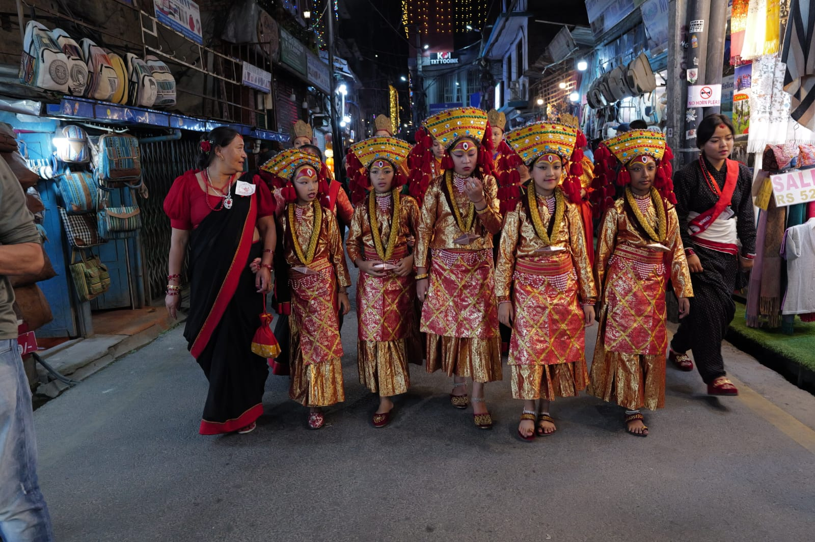 Young girls wearing traditional Nepali attire during the Tihar Festival celebration.