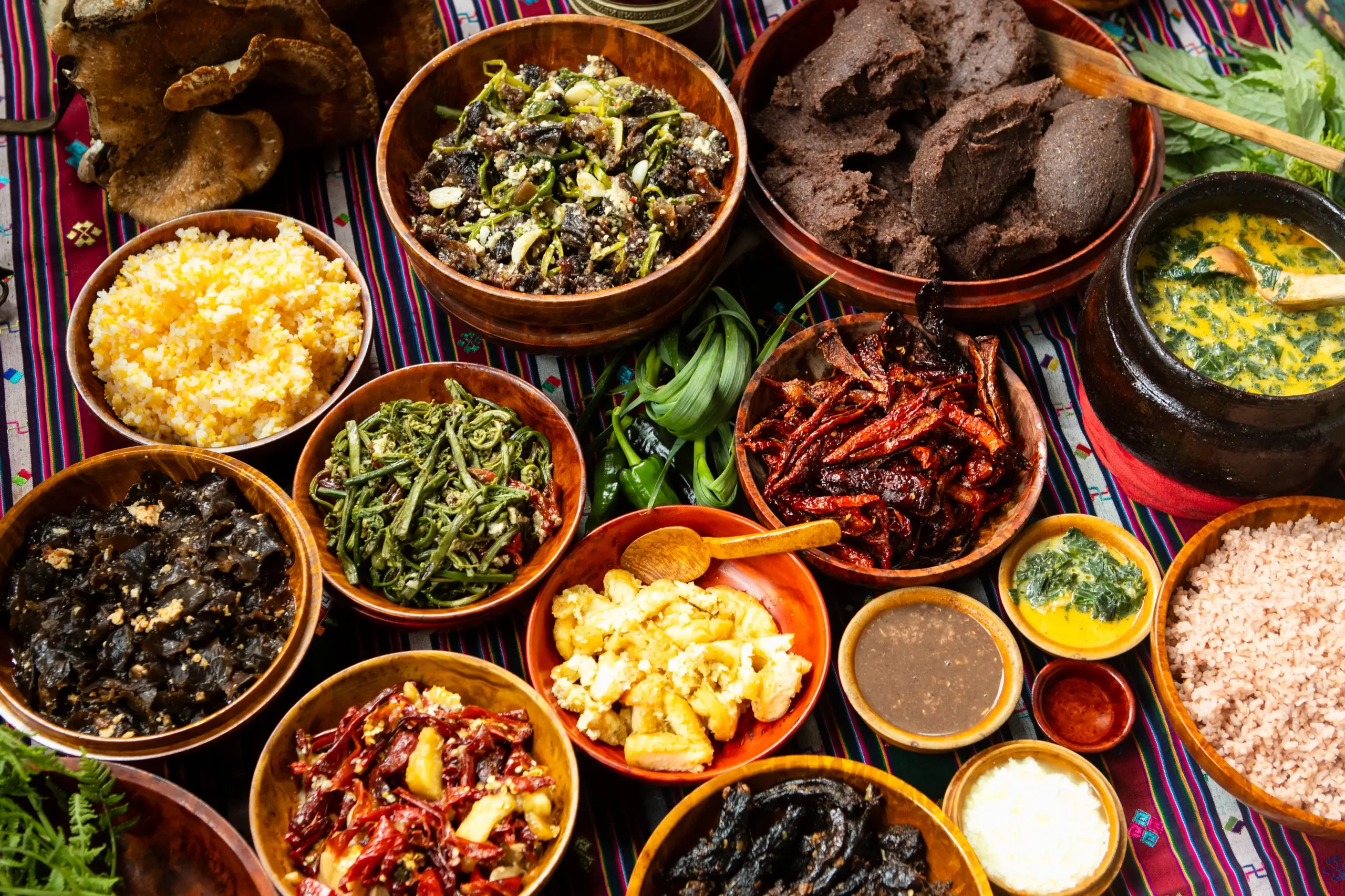 Authentic Bumdeling-style traditional Bhutanese meal served on a wooden platter