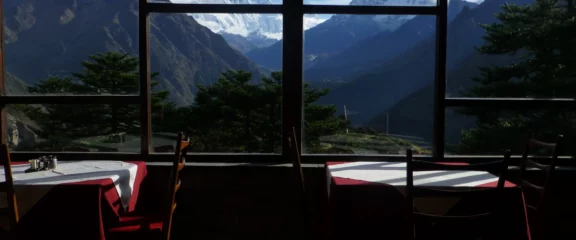 Breathtaking mountain view from Everest View Hotel during luxury trek.