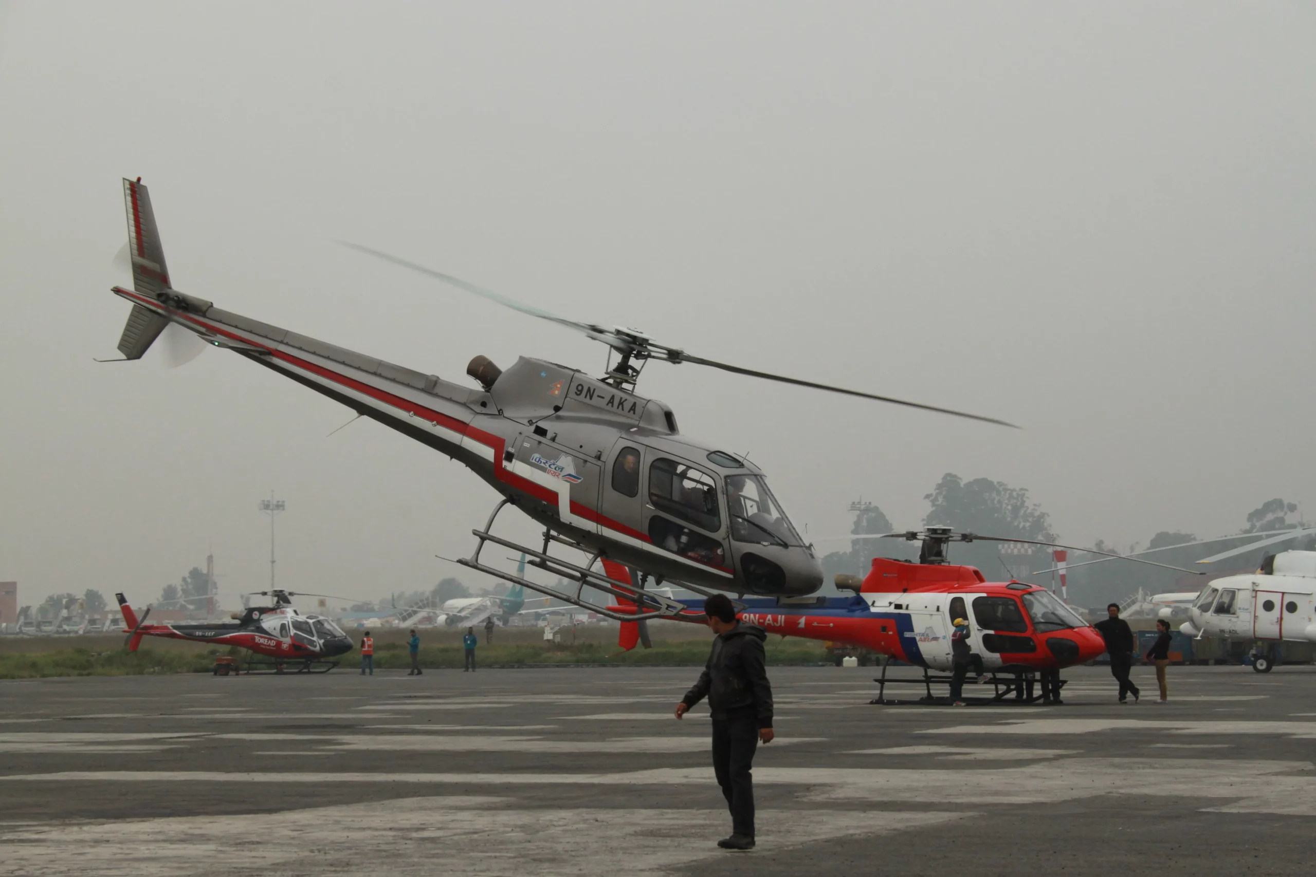 Helicopter flying from Kathmandu to Lukla.