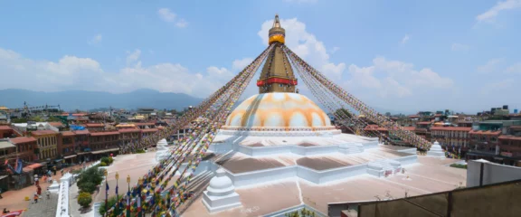Boudhanath Stupa in Kathmandu, Nepal – a UNESCO World Heritage Site during Nepal Tibet Bhutan Tour.