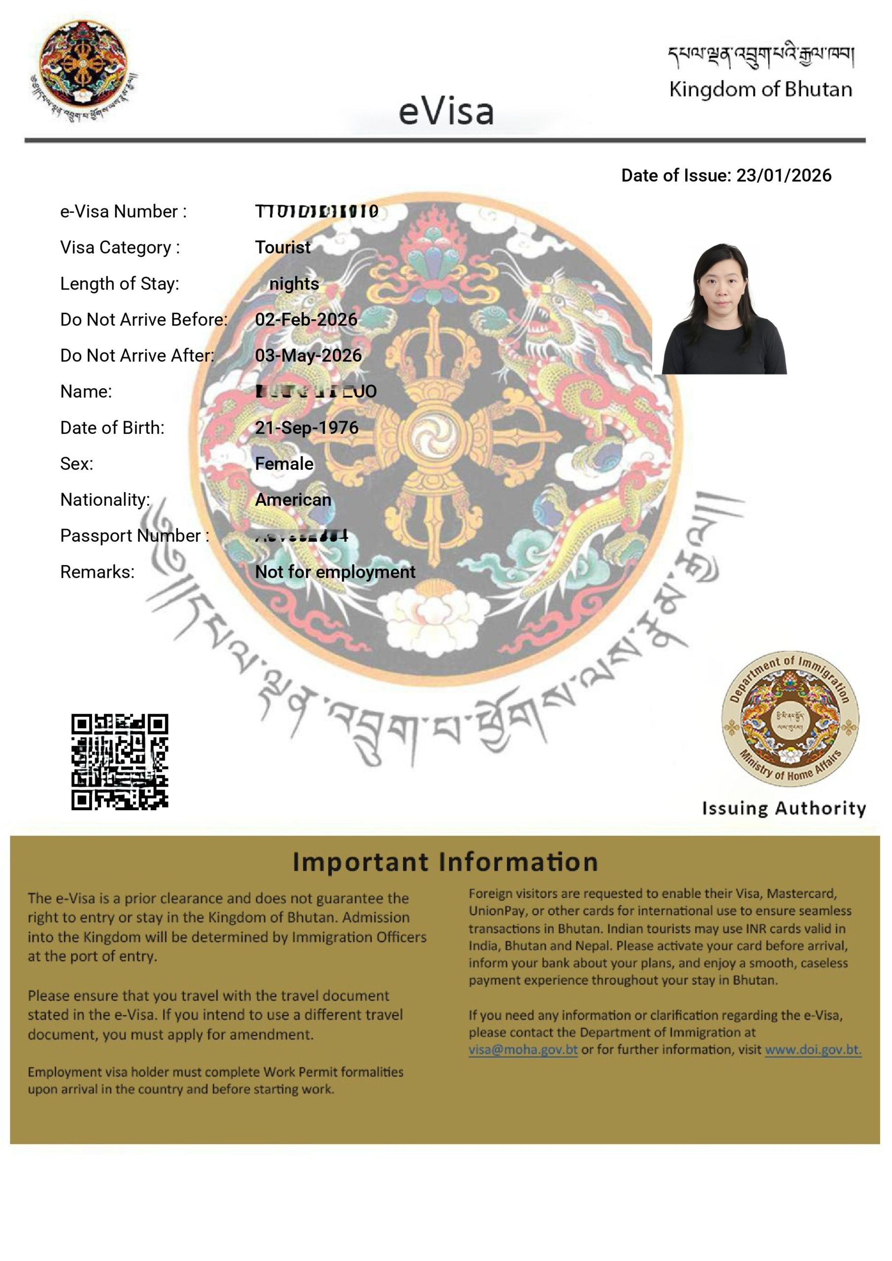 Bhutan e-visa sample showing official travel authorization document for Bhutan Tour.