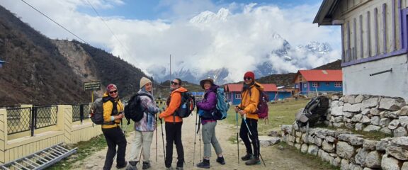 Trekkers preparing for the day on Annapurna Circuit Trek from Pokhara.