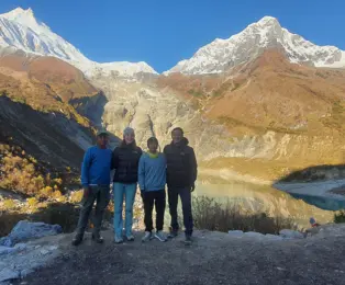 Our trekking group in Samdo village on the Manaslu Circuit Trek from Pokhara.