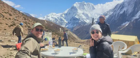 Lunch with mountain views during the Manaslu Circuit Trek from Pokhara.