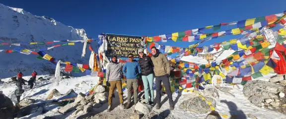 Our group at Larkya La Pass on the Manaslu Circuit Trek from Pokhara.
