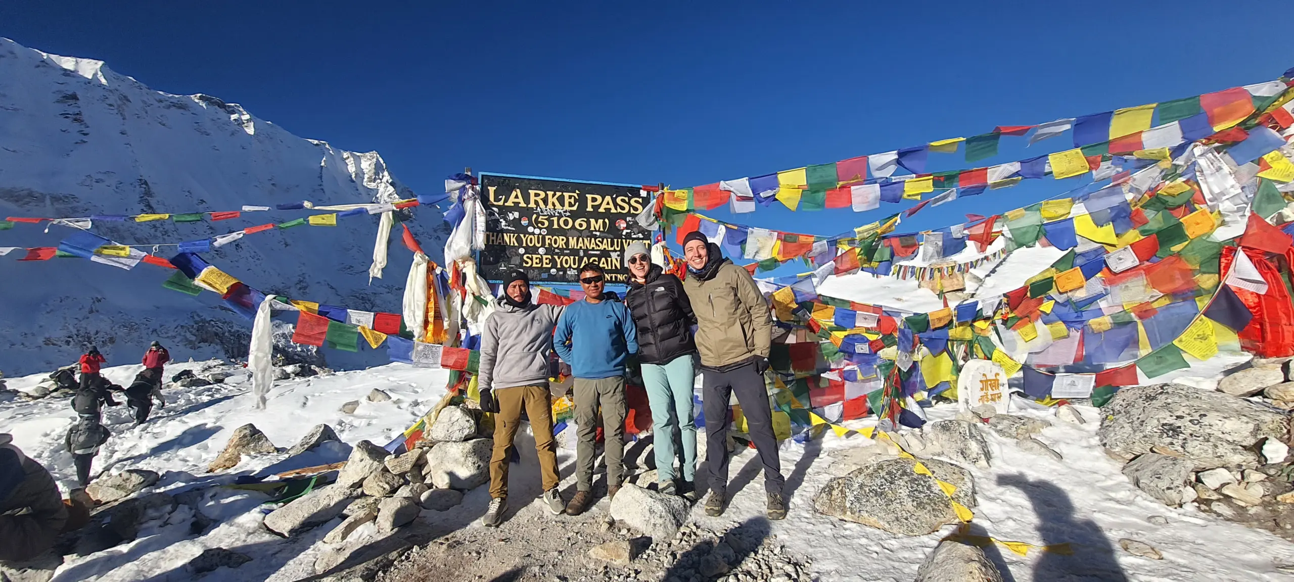 Our group at Larkya La Pass on the Manaslu Circuit Trek from Pokhara.