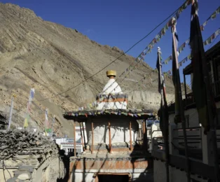 Local village with colorful stupa along the Annapurna Circuit Trek from Pokhara
