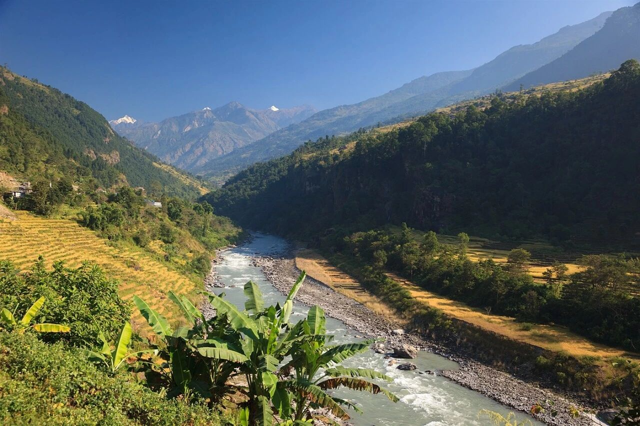 Upper valley viewpoint overlooking the Budi Gandaki River on the Manaslu Circuit Trek from Pokhara.