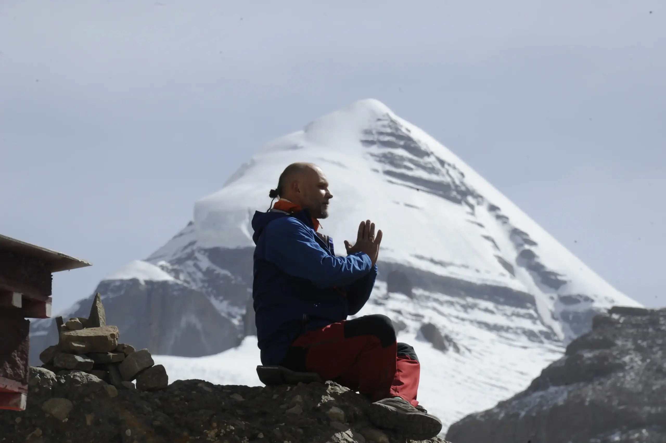 A spiritual moment at the sacred Mount Kailash during the unforgettable Kailash Mansarovar Yatra.